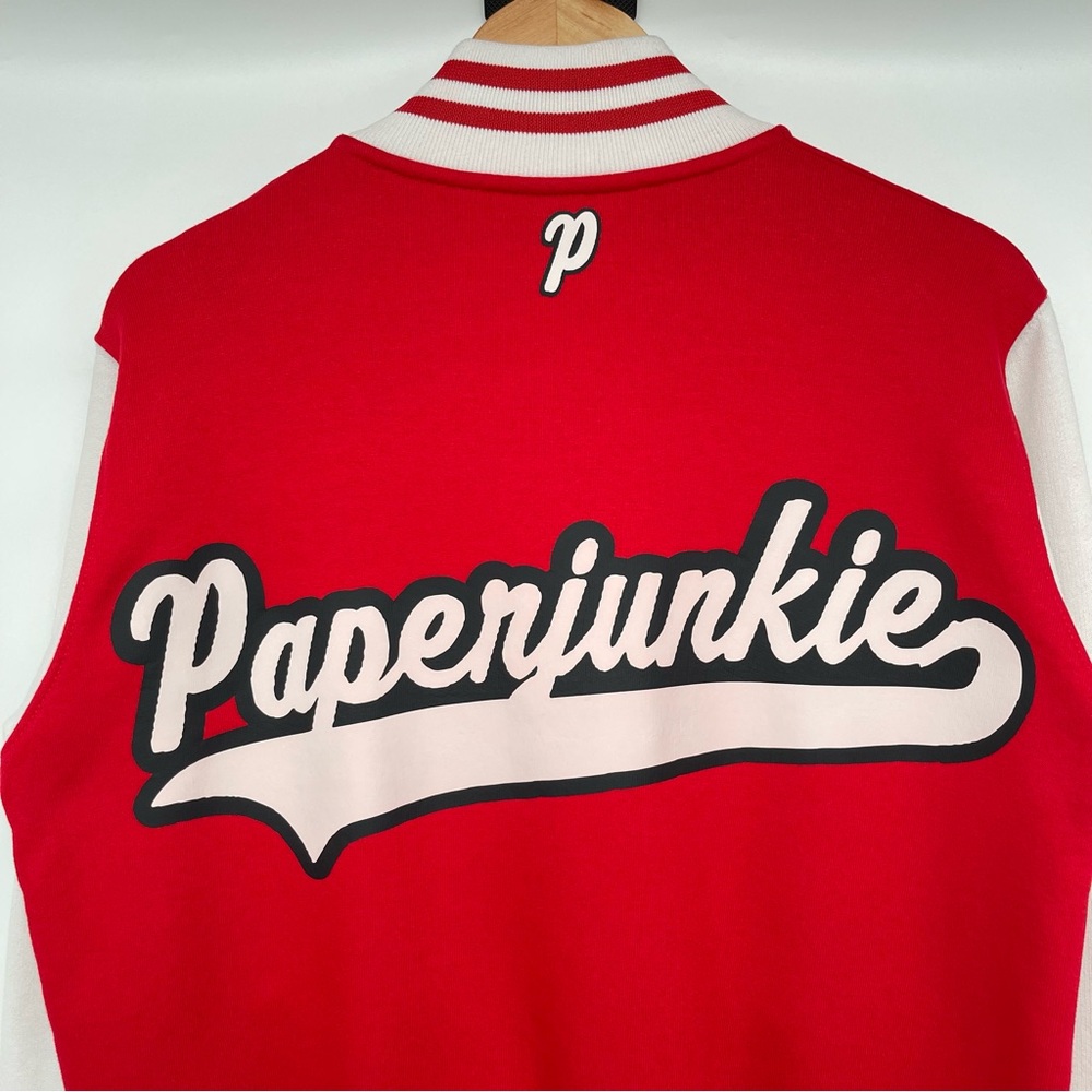 Paperjunkie Varsity Letterman Jacket Men Medium White Red Unisex - Picture 8 of 13